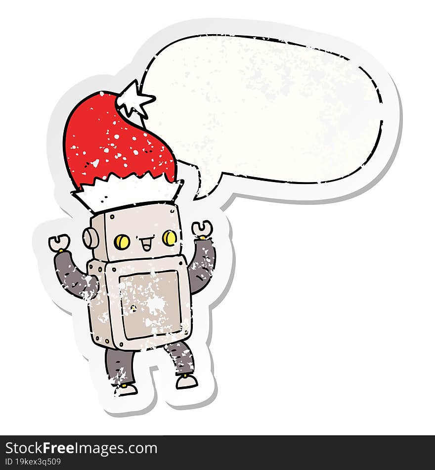 cartoon christmas robot with speech bubble distressed distressed old sticker. cartoon christmas robot with speech bubble distressed distressed old sticker