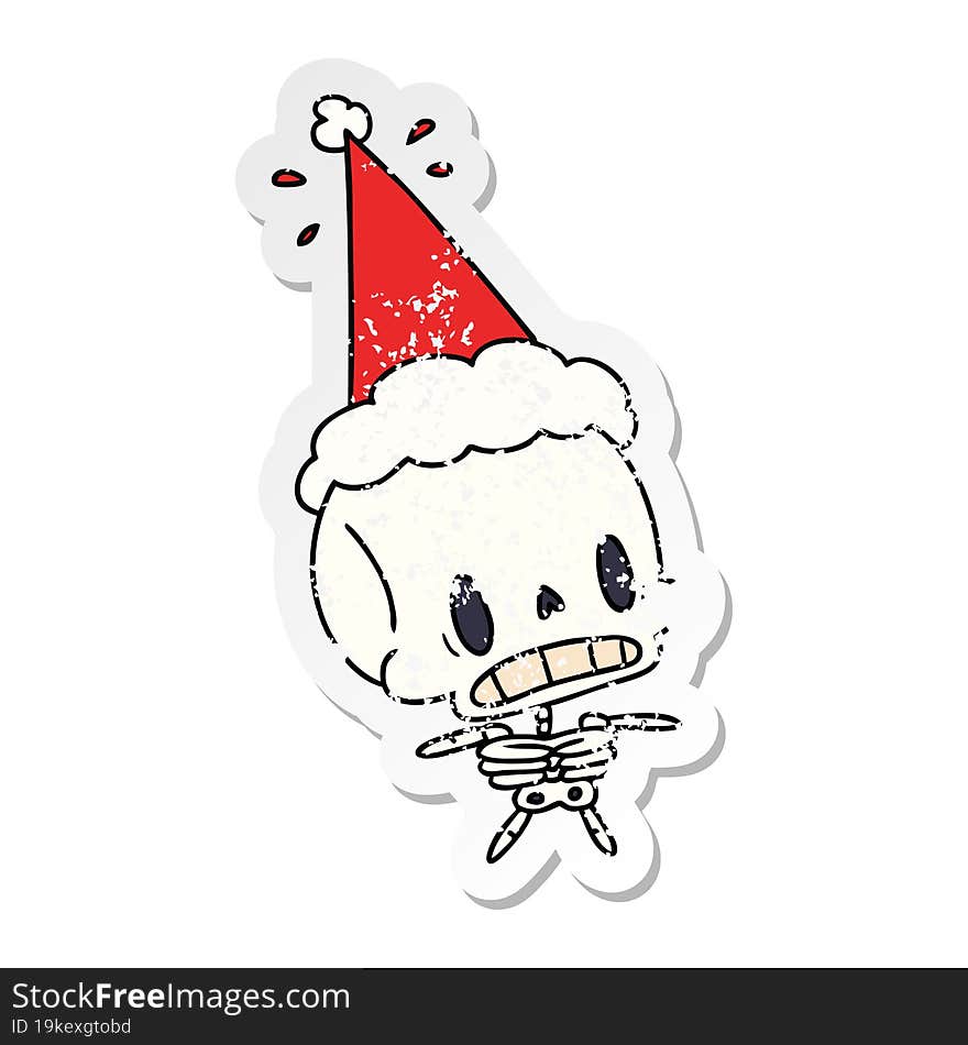 Christmas Distressed Sticker Cartoon Of Kawaii Skeleton