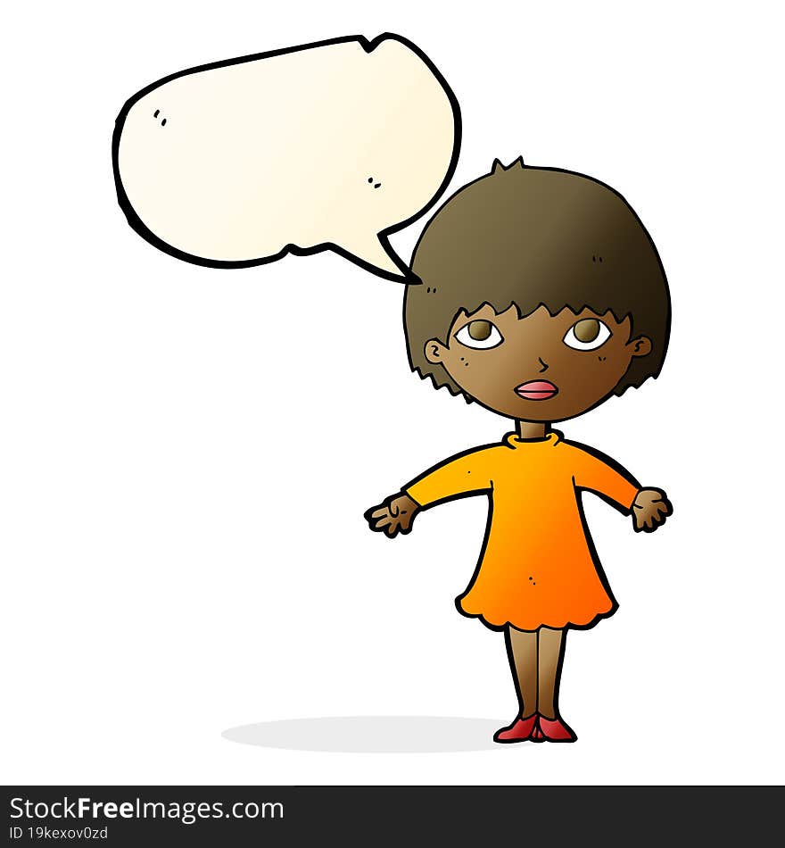 cartoon woman in dress with speech bubble