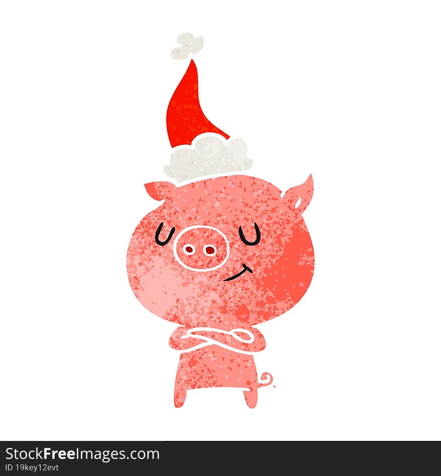 happy retro cartoon of a pig wearing santa hat