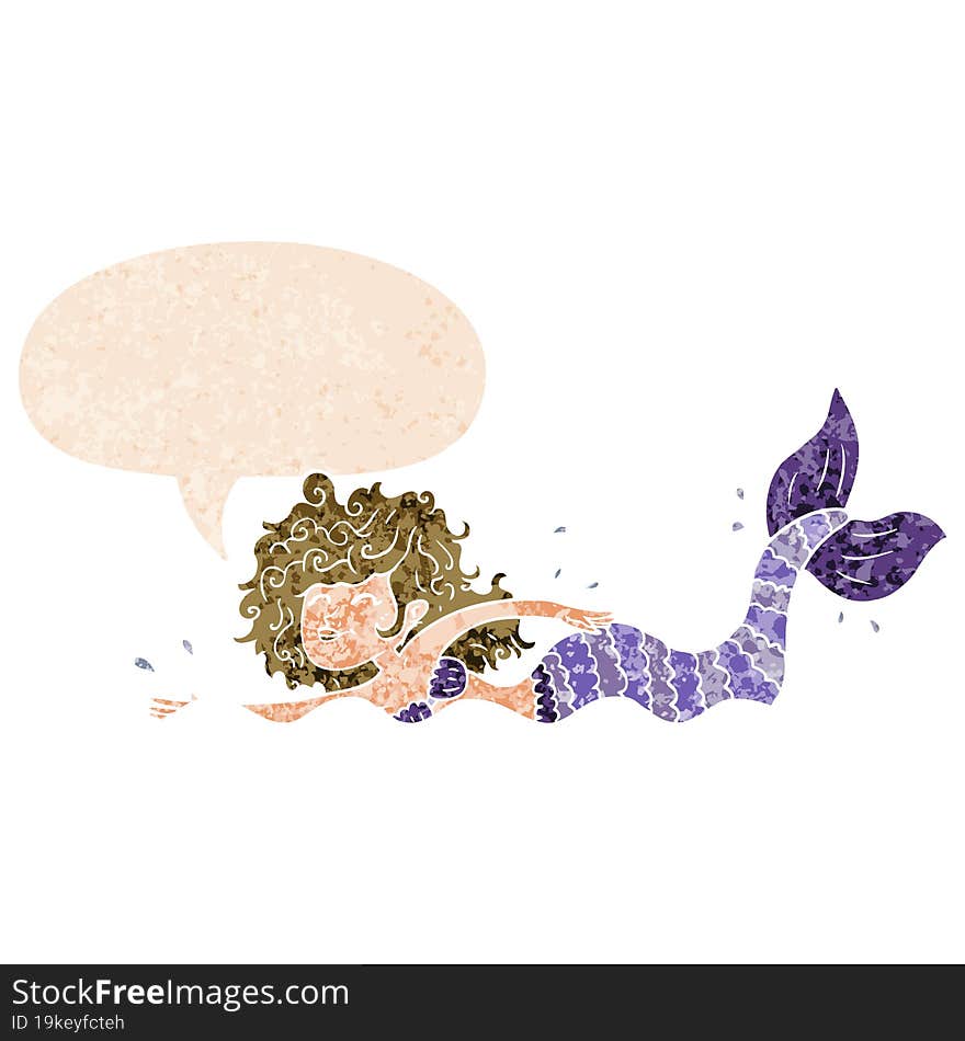 cartoon mermaid with speech bubble in grunge distressed retro textured style. cartoon mermaid with speech bubble in grunge distressed retro textured style