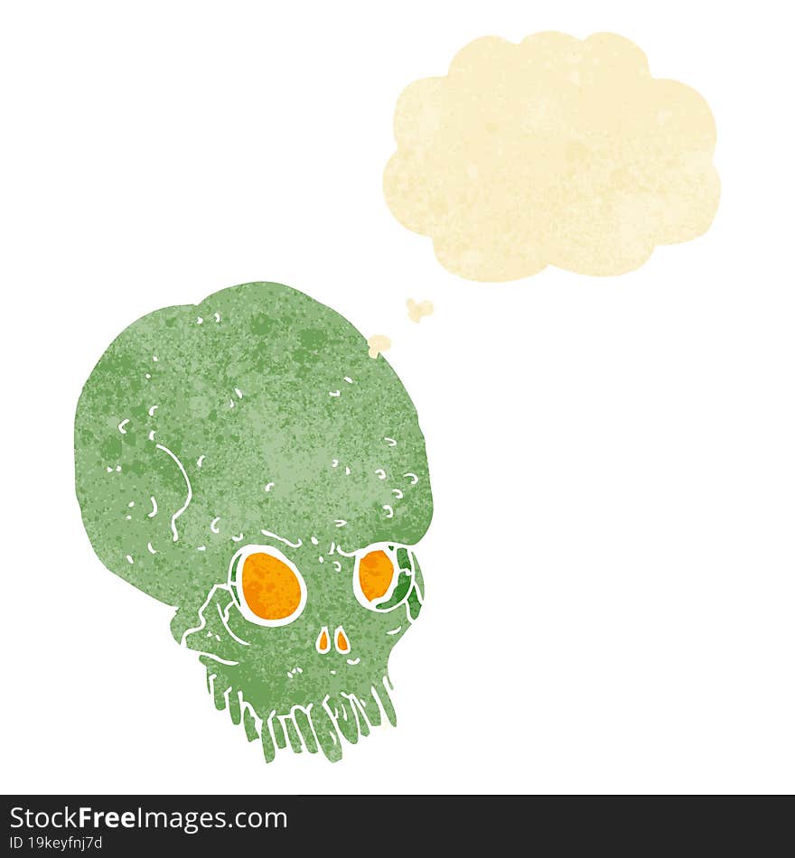 cartoon spooky skull with thought bubble