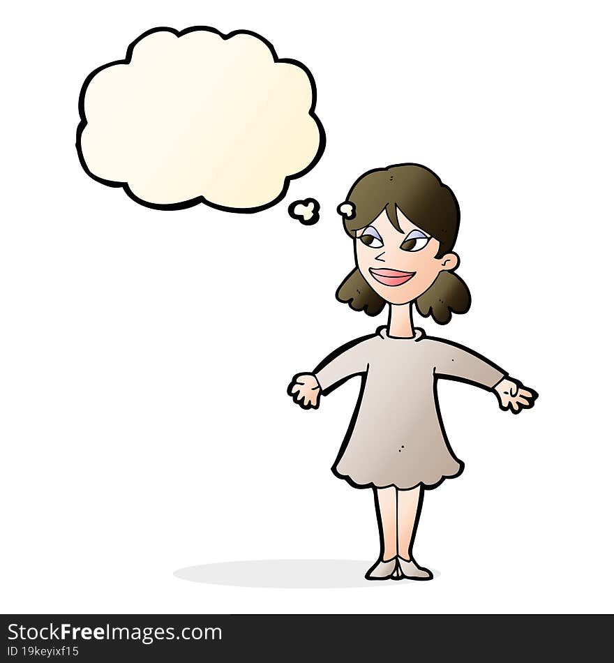 cartoon woman with open arms with thought bubble