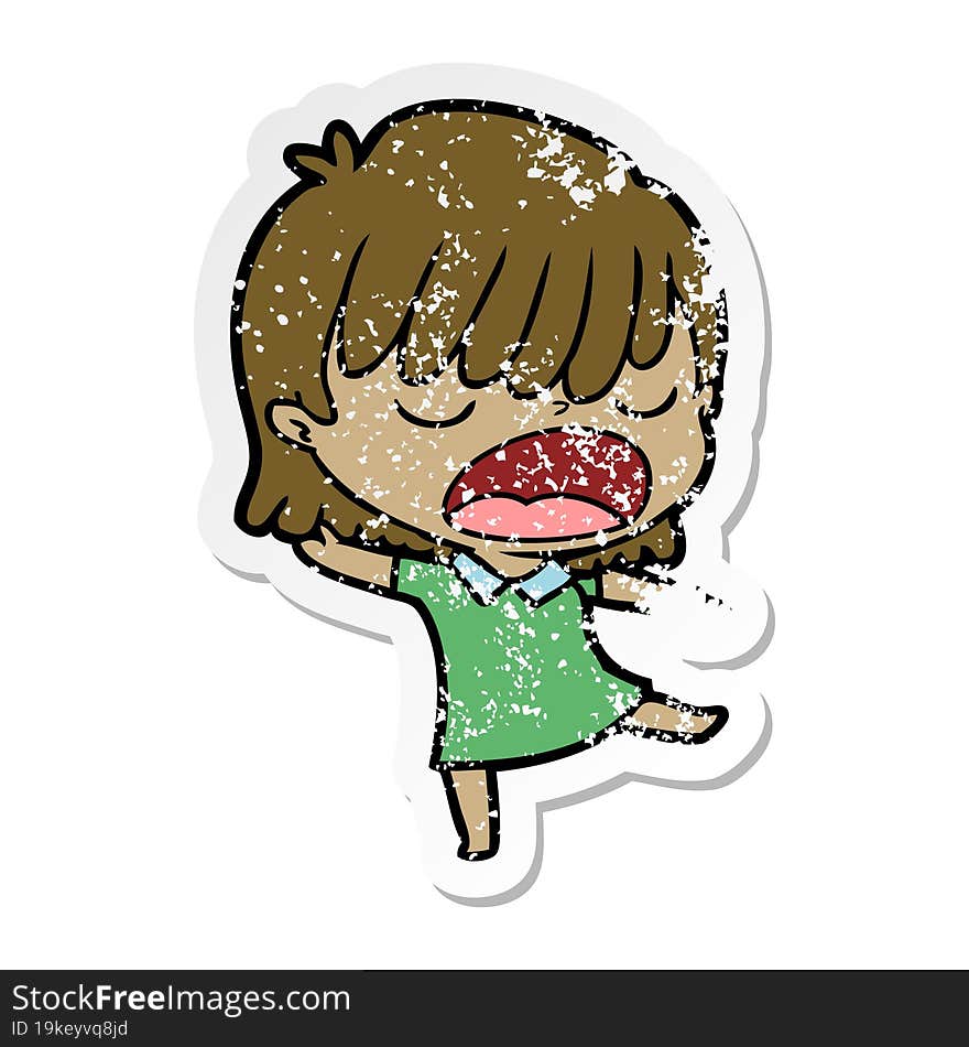 distressed sticker of a cartoon woman talking loudly