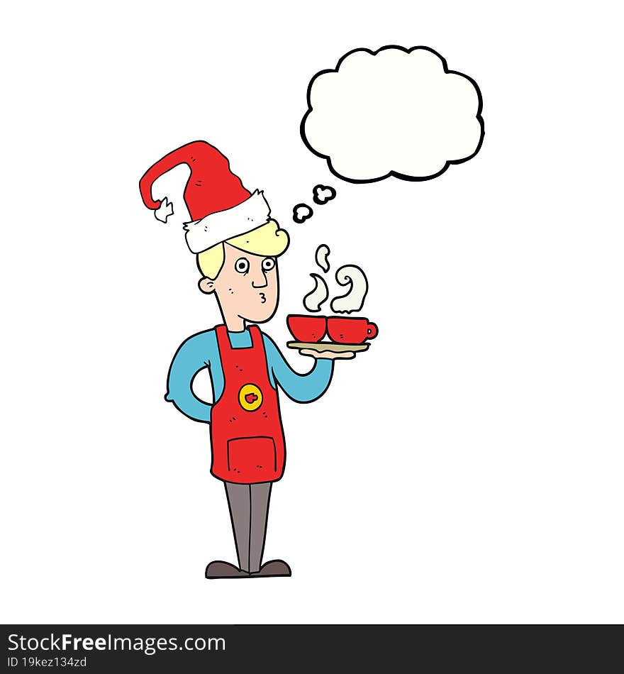 thought bubble cartoon barista serving coffee at christmas