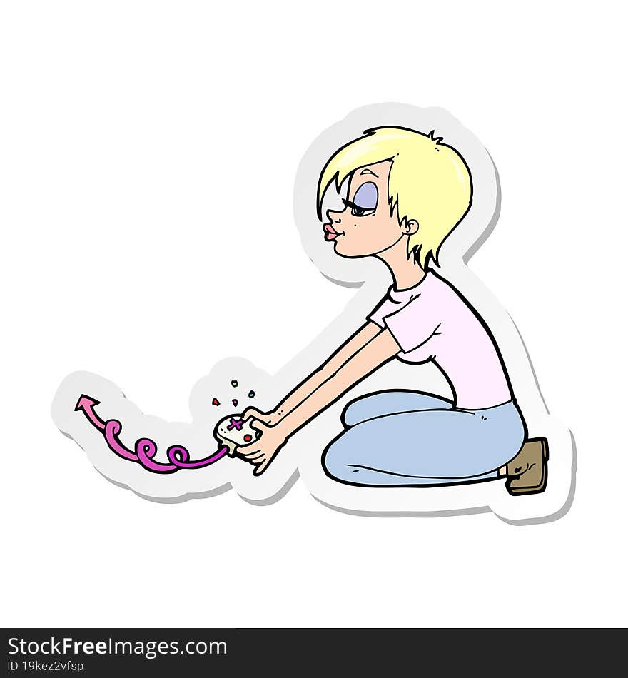 sticker of a cartoon girl playing computer games