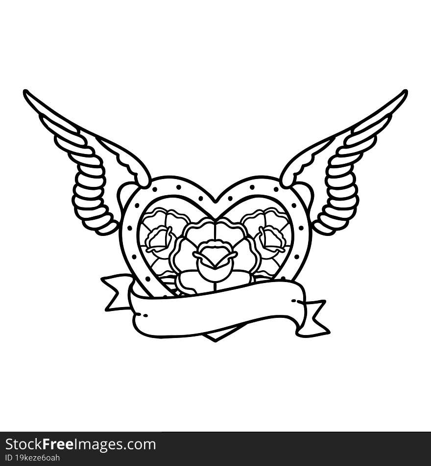 tattoo in black line style of a flying heart with flowers and banner. tattoo in black line style of a flying heart with flowers and banner