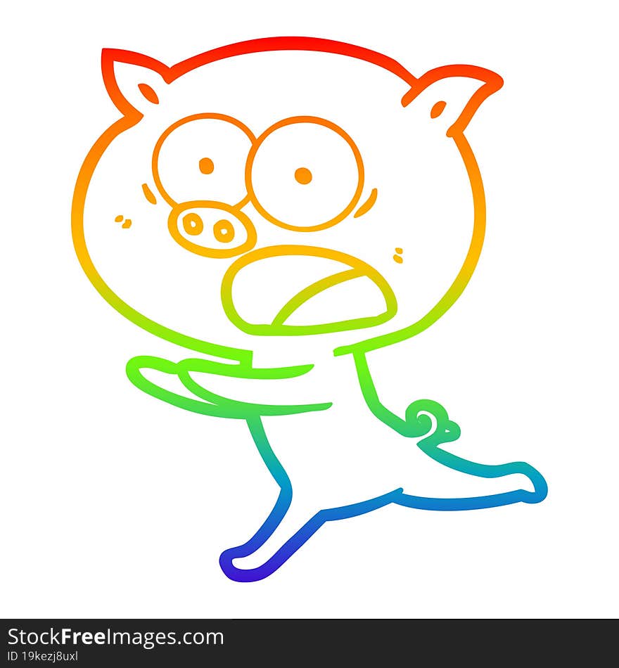 Rainbow Gradient Line Drawing Cartoon Pig Running