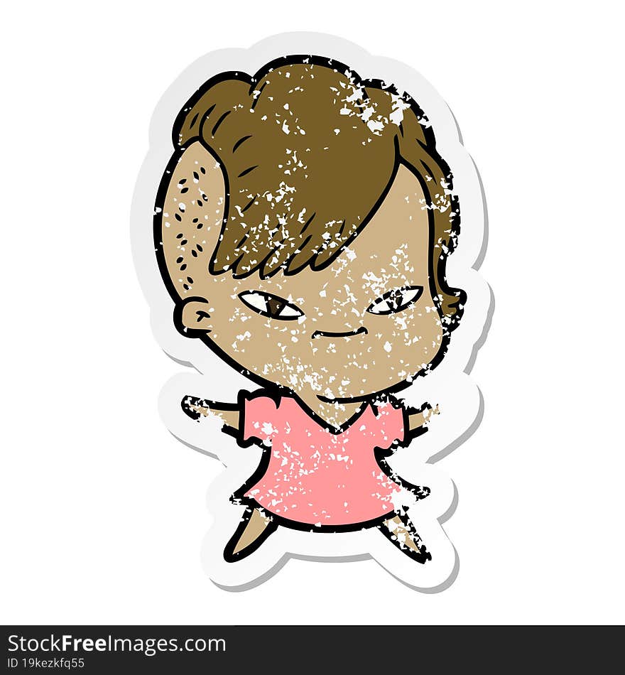 distressed sticker of a cute cartoon girl with hipster haircut