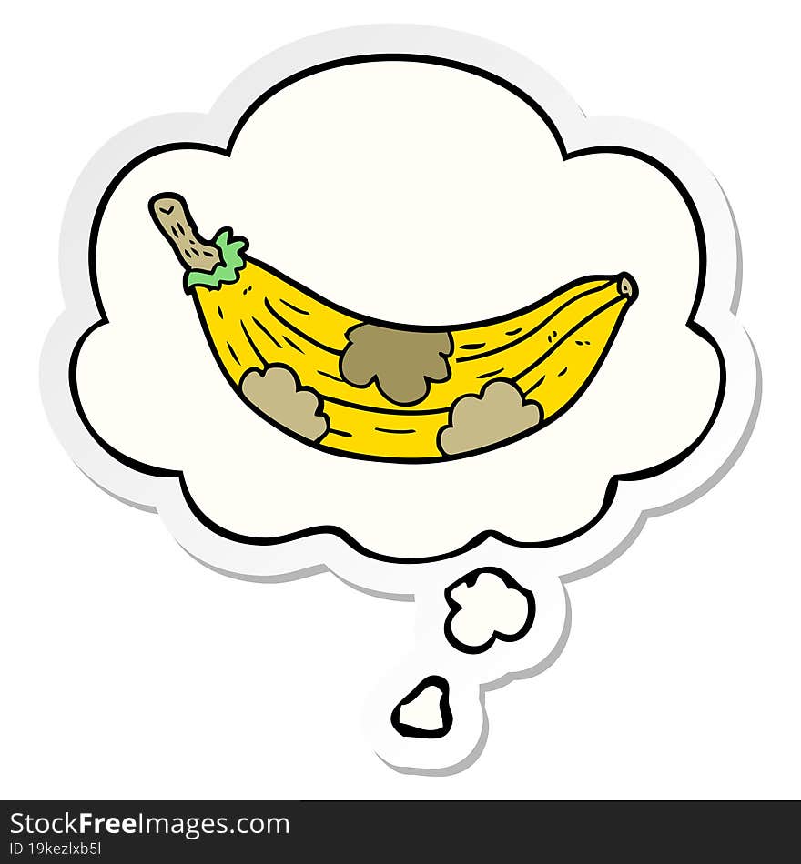 cartoon old banana and thought bubble as a printed sticker