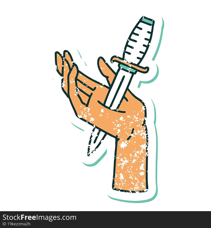 distressed sticker tattoo style icon of a dagger in the hand