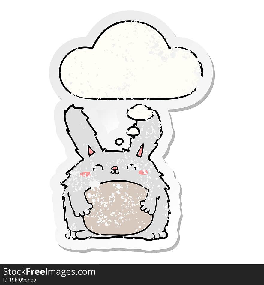 cartoon furry rabbit with thought bubble as a distressed worn sticker