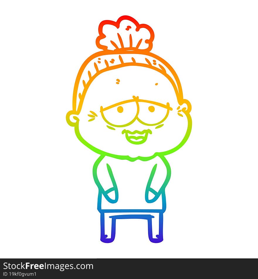 rainbow gradient line drawing of a cartoon happy old lady