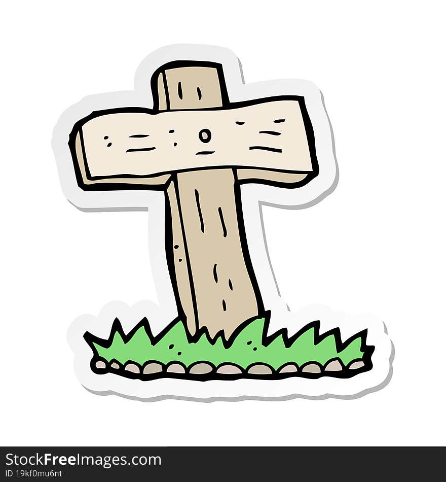 Sticker Of A Cartoon Wooden Cross Grave