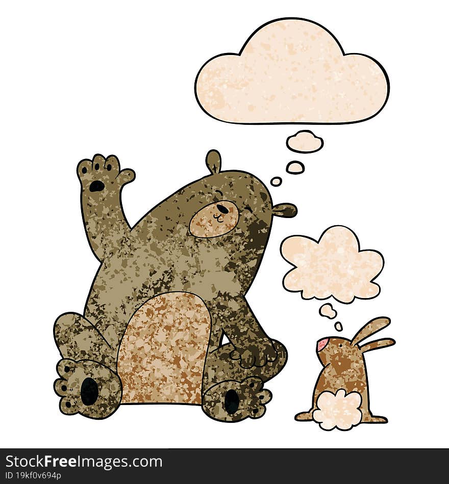 Cartoon Bear And Rabbit Friends And Thought Bubble In Grunge Texture Pattern Style