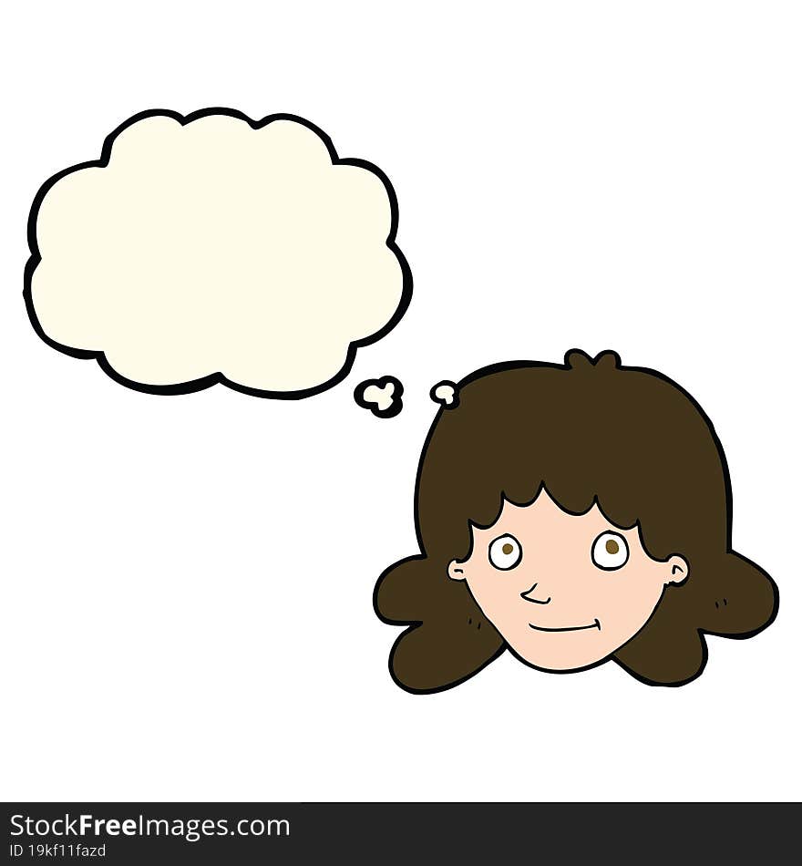 cartoon happy female face with thought bubble