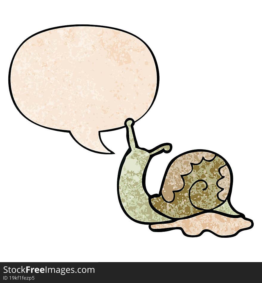 cartoon snail with speech bubble in retro texture style