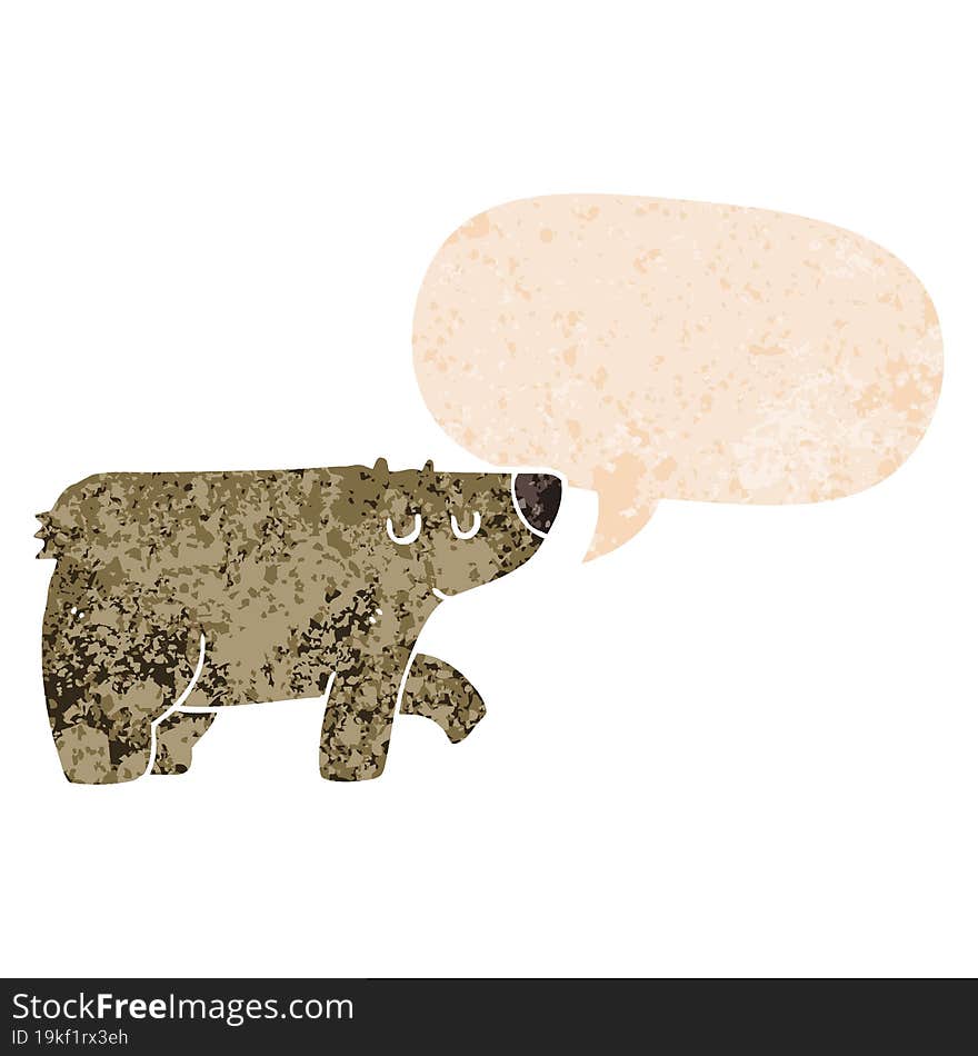 cartoon bear and speech bubble in retro textured style