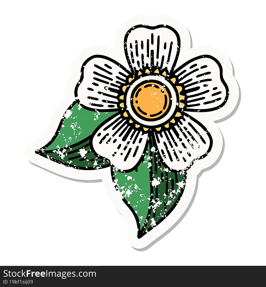 traditional distressed sticker tattoo of a flower