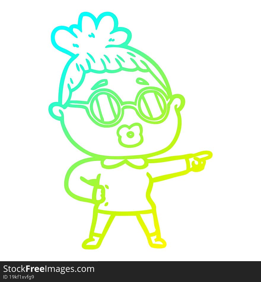 cold gradient line drawing cartoon pointing woman wearing spectacles