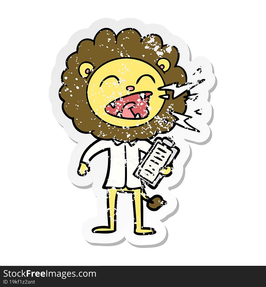 distressed sticker of a cartoon roaring lion doctor