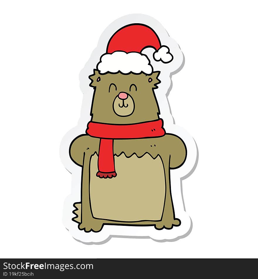 Sticker Of A Cartoon Bear Wearing Christmas Hat