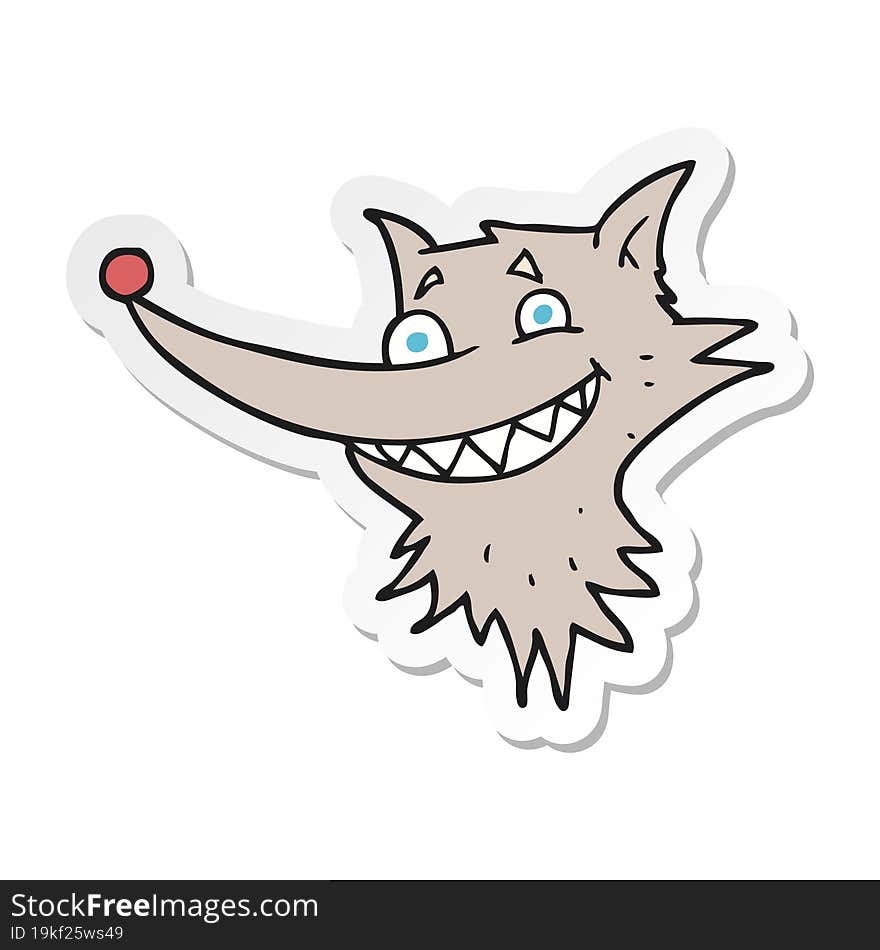 sticker of a cartoon grinning wolf face