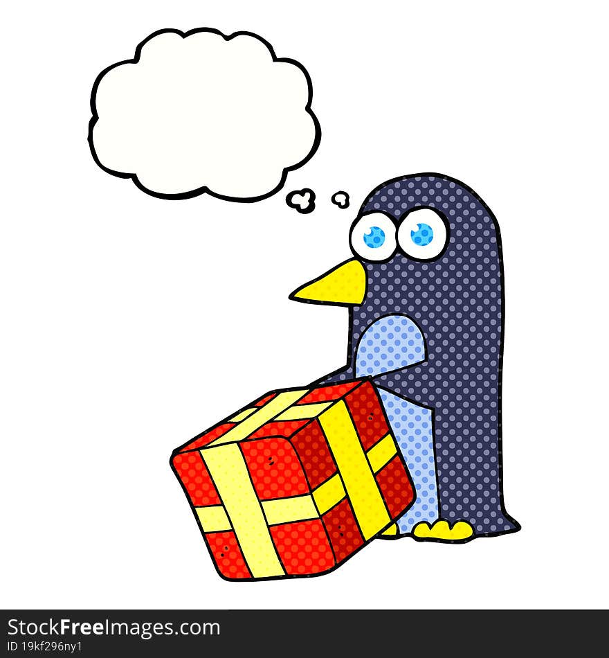 thought bubble cartoon penguin with christmas present