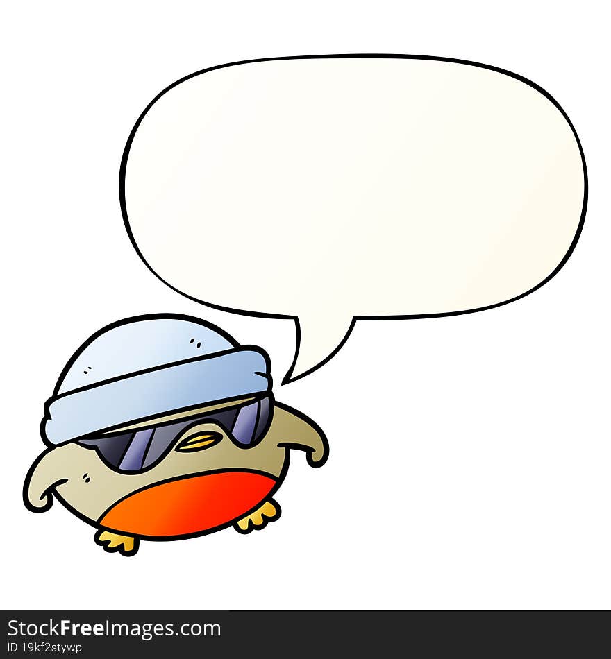 cool christmas robin cartoon and sunglasses and speech bubble in smooth gradient style