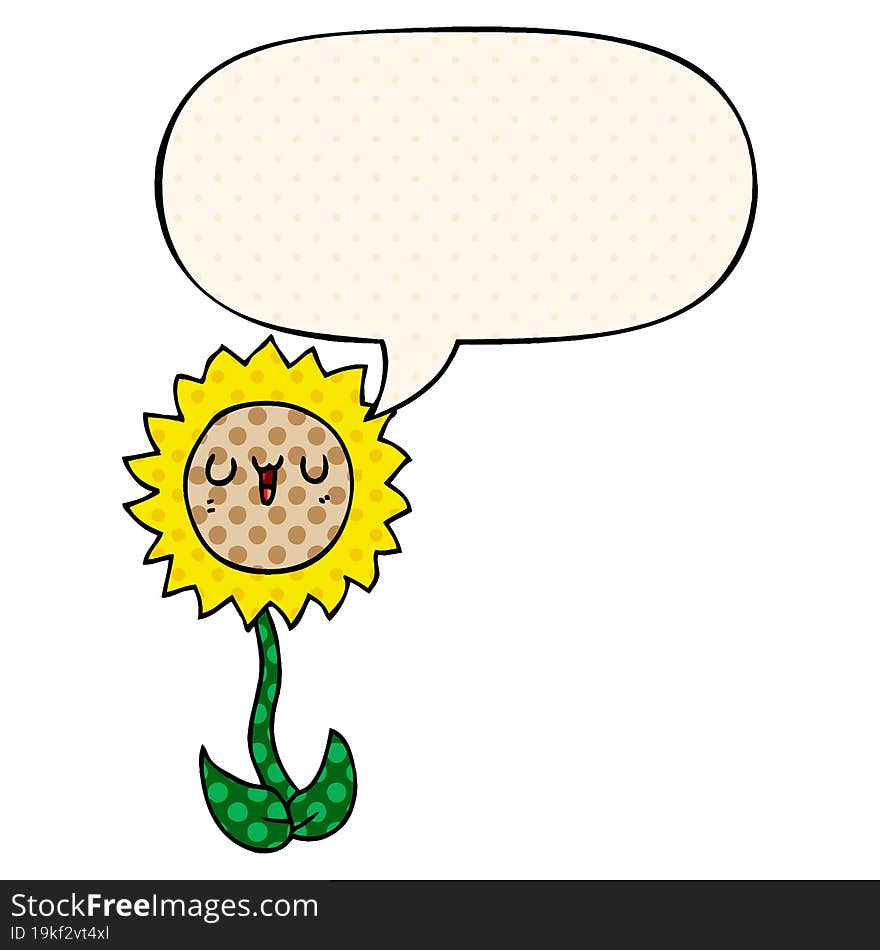 cartoon flower with speech bubble in comic book style