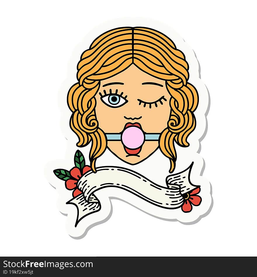 tattoo sticker with banner of winking female face with ball gag