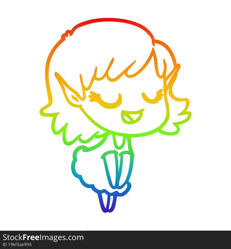 Rainbow Gradient Line Drawing Happy Cartoon Elf Girl