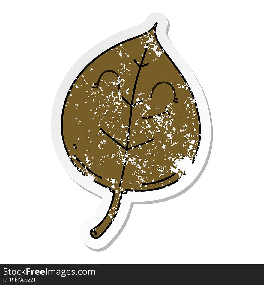 distressed sticker of a quirky hand drawn cartoon happy leaf