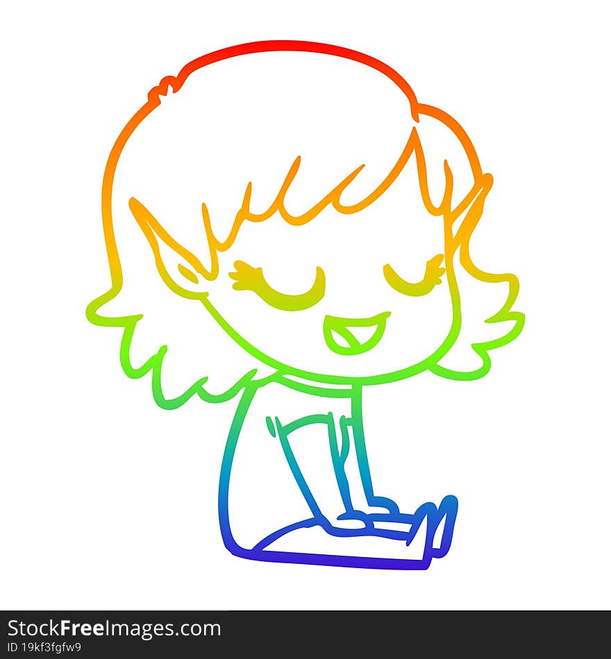 rainbow gradient line drawing happy cartoon elf girl sitting on floor