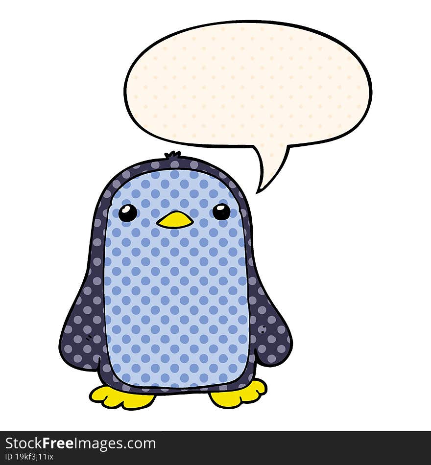 cute cartoon penguin and speech bubble in comic book style