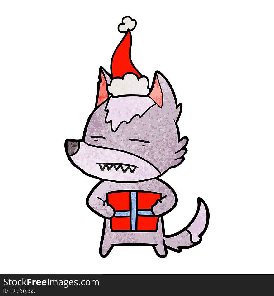 hand drawn textured cartoon of a wolf with a gift wearing santa hat