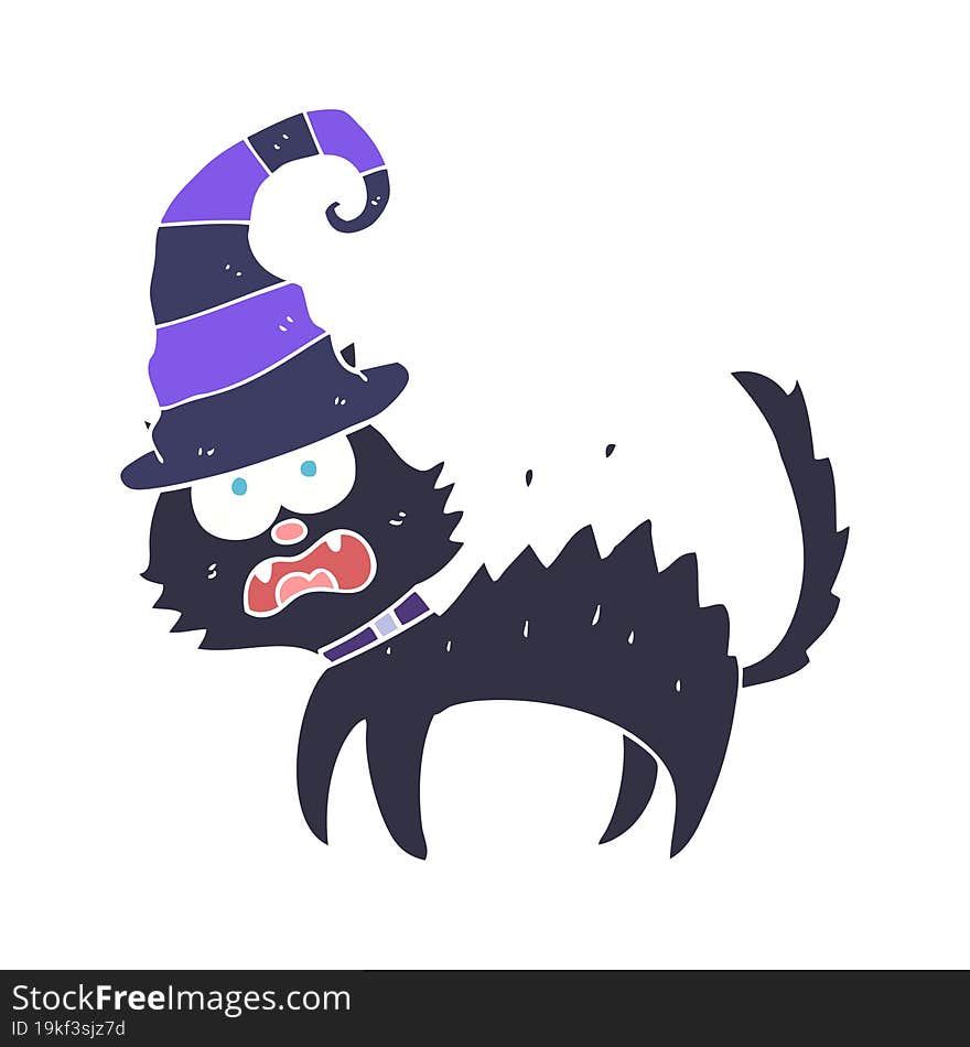 flat color illustration of a cartoon scared black cat