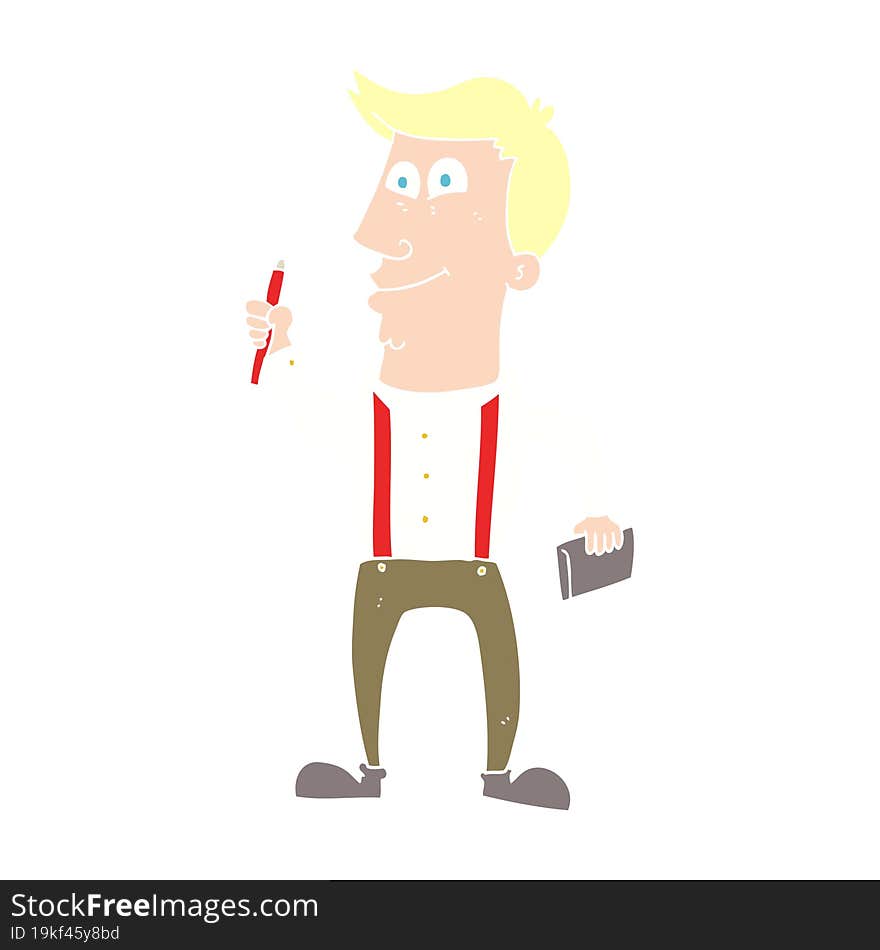 Flat Color Illustration Of A Cartoon Man With Notebook And Pen