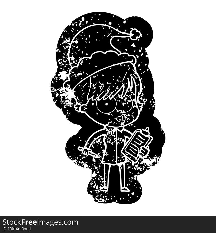 quirky cartoon distressed icon of a woman wearing santa hat