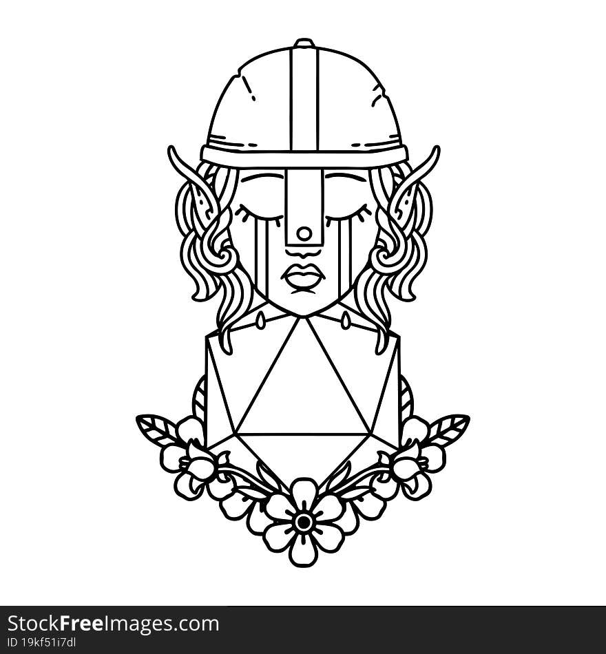 Black and White Tattoo linework Style sad elf fighter character with natural one d20 roll. Black and White Tattoo linework Style sad elf fighter character with natural one d20 roll