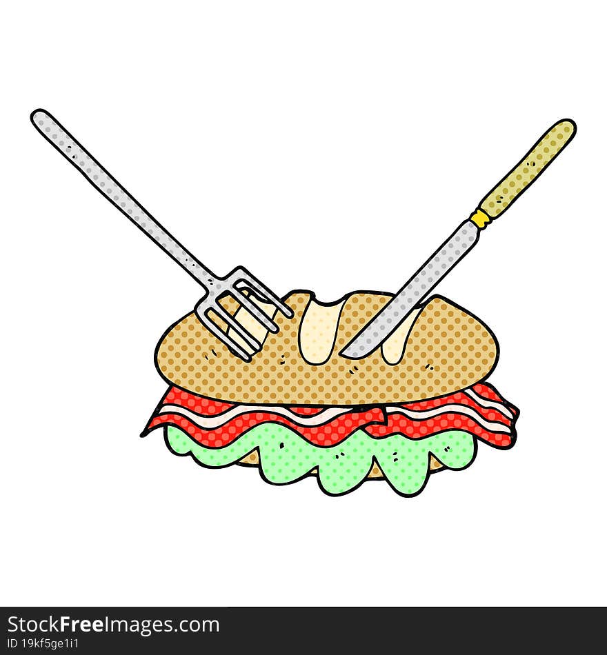 comic book style cartoon knife and fork cutting huge sandwich