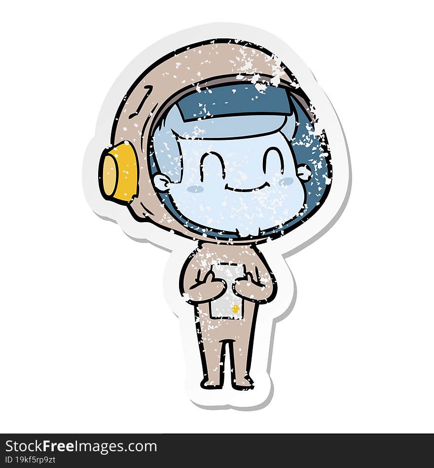 distressed sticker of a happy cartoon astronaut man