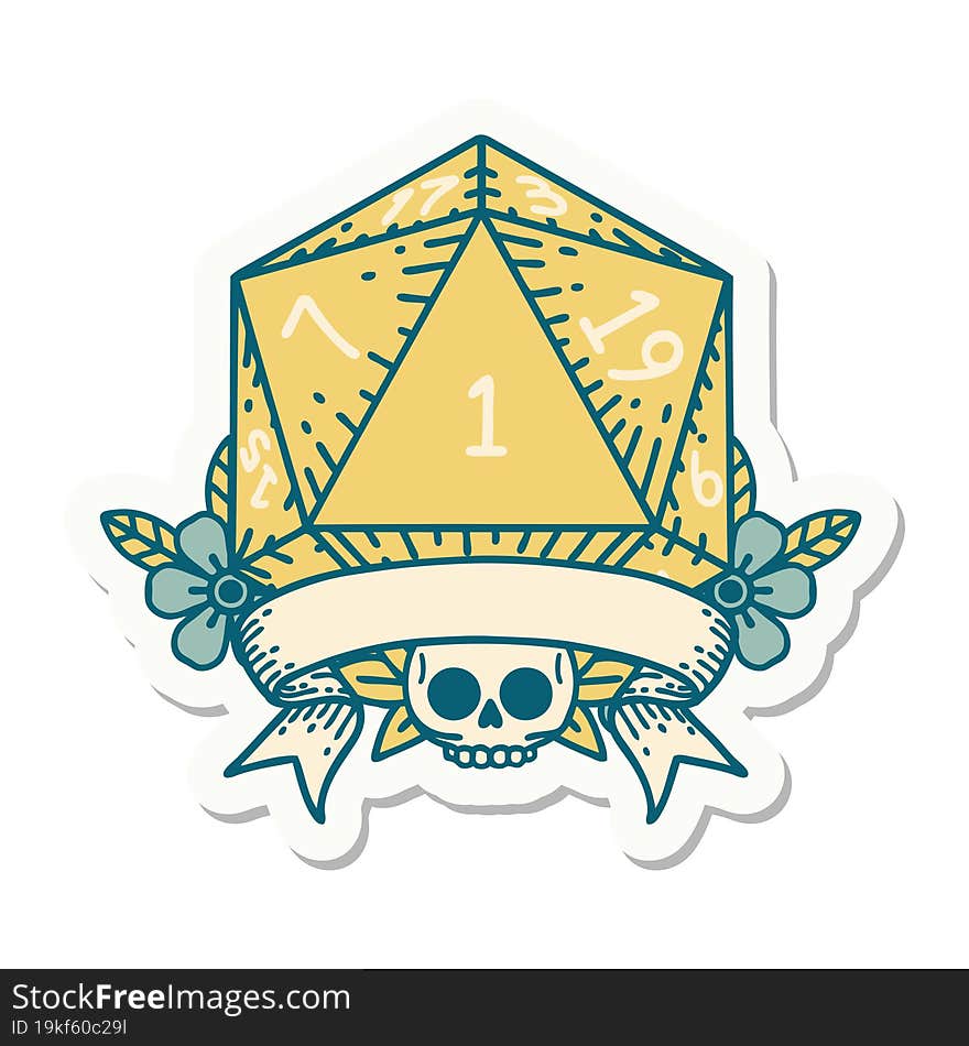 sticker of a natural one d20 dice roll. sticker of a natural one d20 dice roll