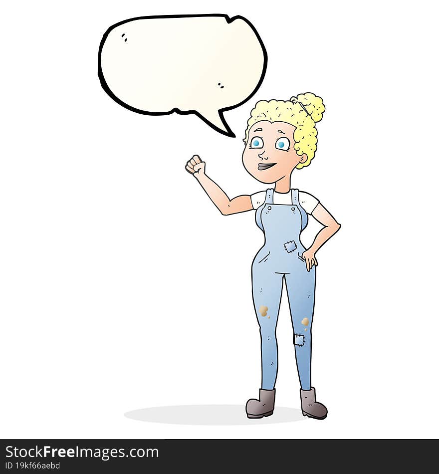 freehand drawn speech bubble cartoon woman in dungarees