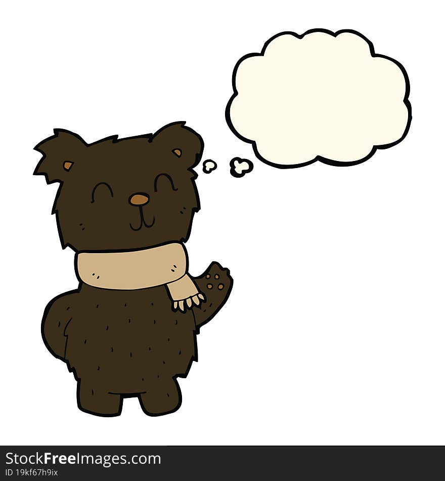 cartoon waving black bear with thought bubble