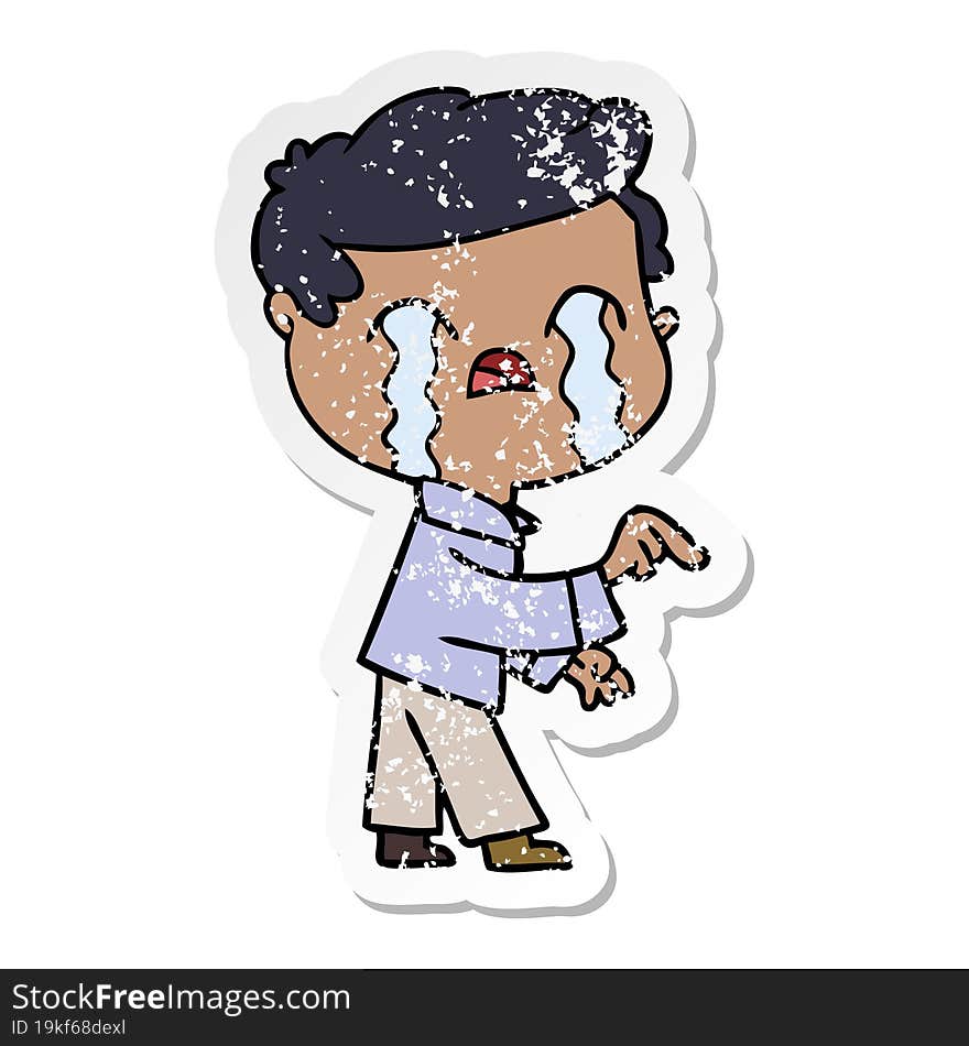 distressed sticker of a cartoon man crying