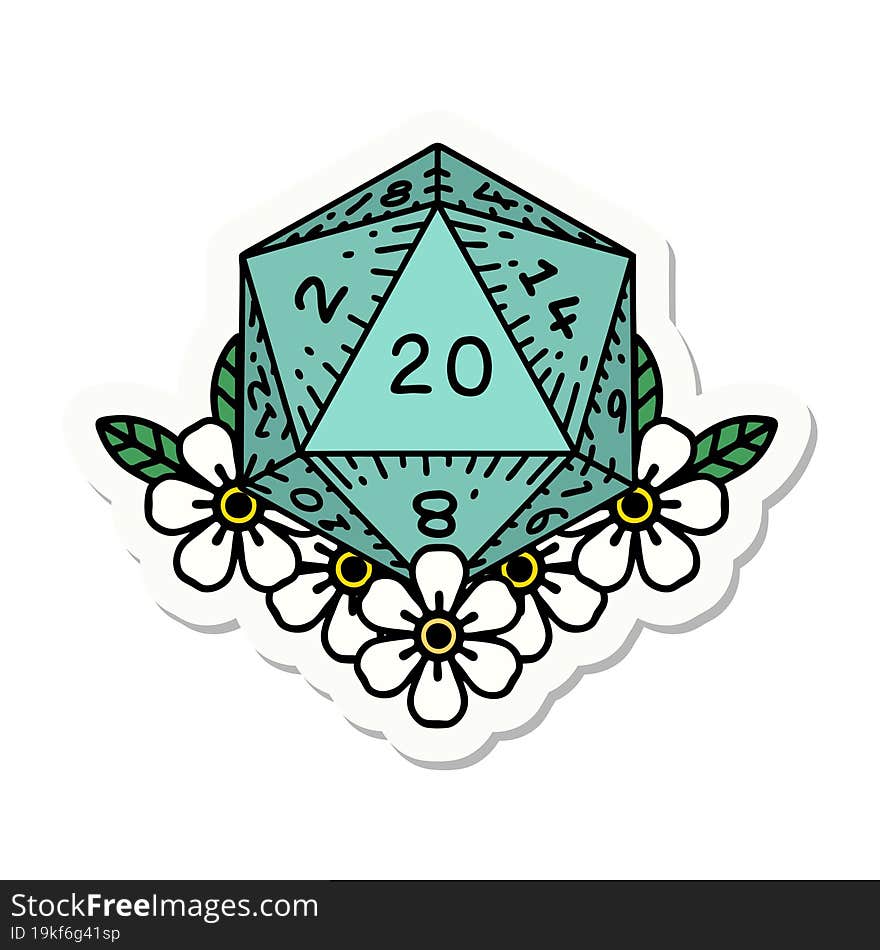 sticker of a natural 20 D20 dice roll with floral elements. sticker of a natural 20 D20 dice roll with floral elements