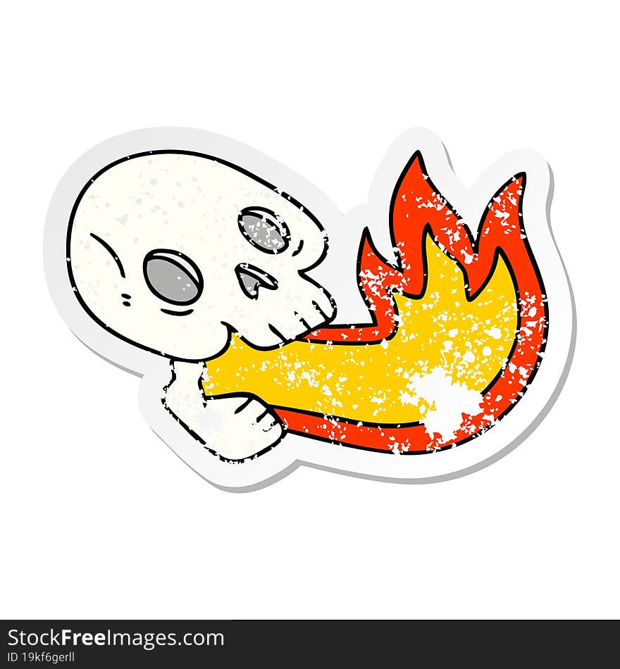 distressed sticker of a fire breathing quirky hand drawn cartoon skull