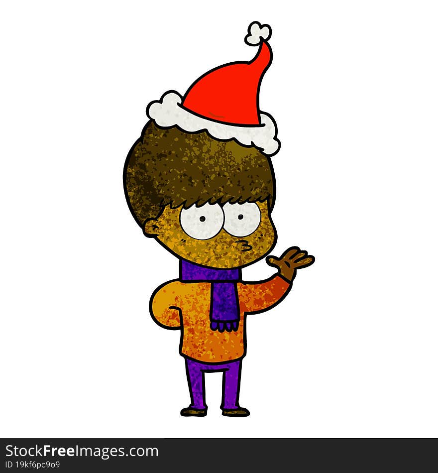 nervous textured cartoon of a boy wearing santa hat