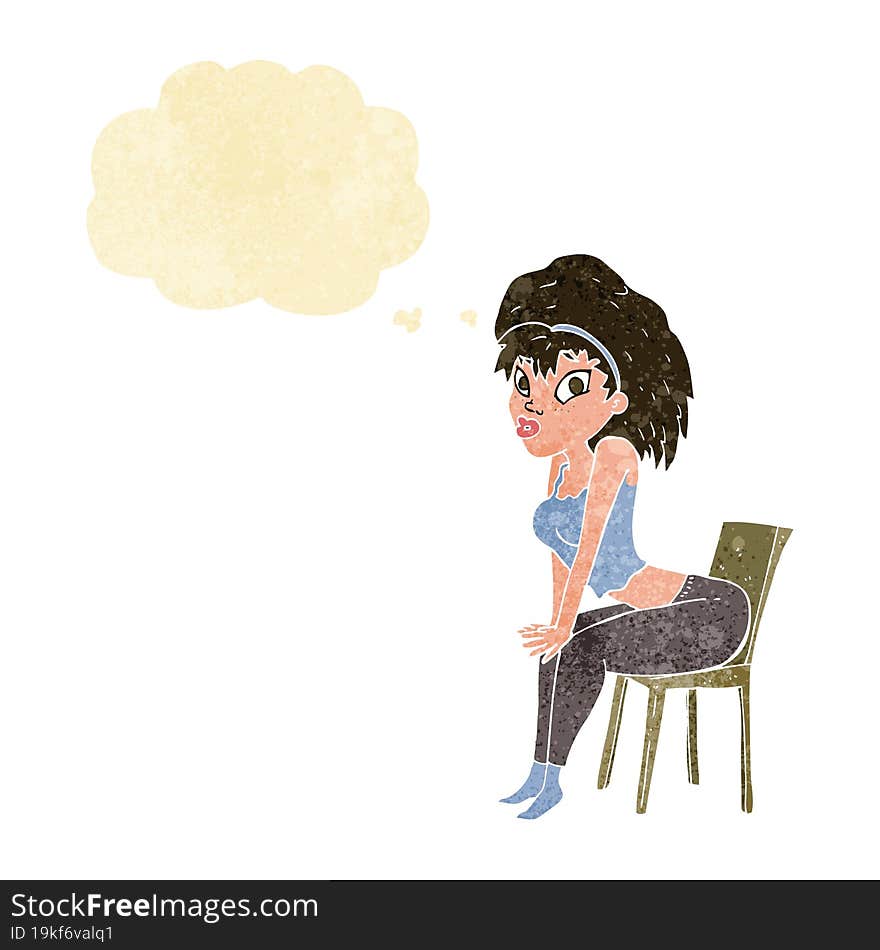 cartoon woman posing on chair with thought bubble